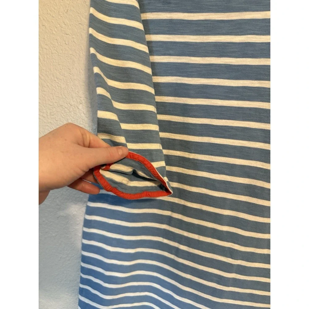 Talbots Dress Size L Petite Large Blue White Striped 3/4 Sleeve 100% Cotton